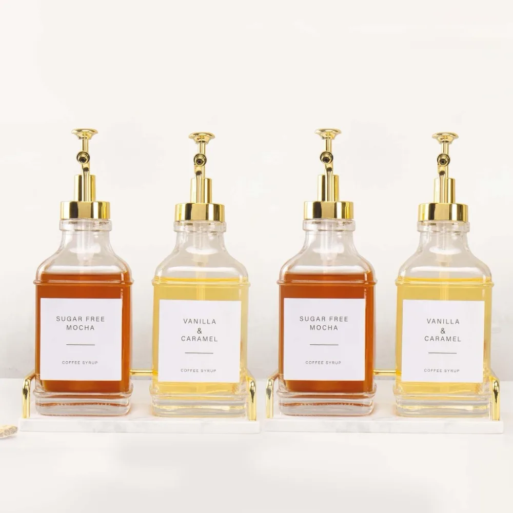 4pcs Clear Glass Coffee Syrup Dispenser with Pumps 500ml Refillable Maple Flavoring Bottles for Home Barista Kitchen Accessories
