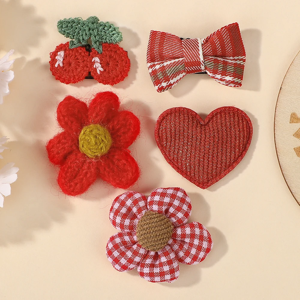 Colorful Cartoon Hairclip Set - 5Pcs Embroidered Strawberry Bow Hair Accessories