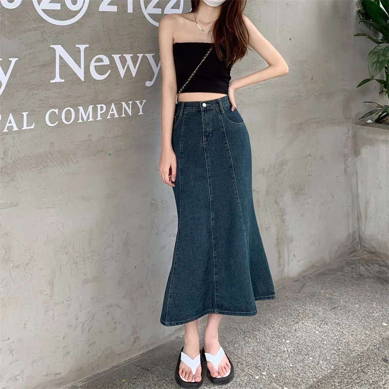 Vintage Trumpet Denim Skirts High Waist Mid long Jeans Mermaid Skirt