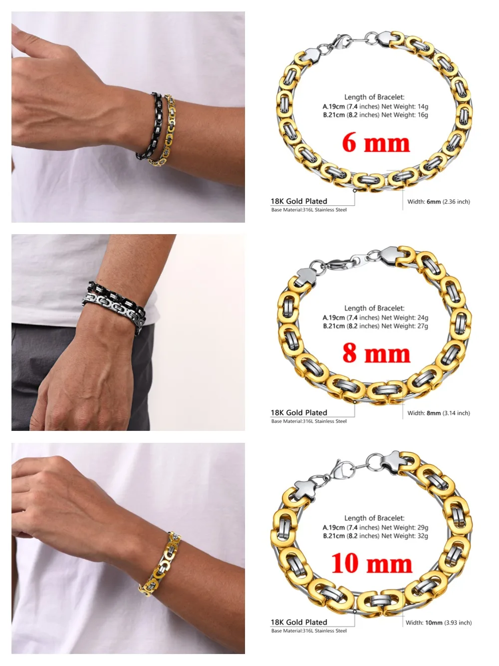 Flat Byzantine Bracelet Stainless Steel - Chunky Chain Curb Link, Unisex, Water Resistant, 9 Inch
