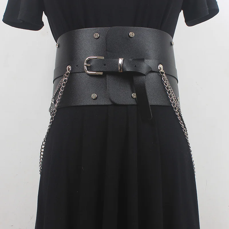 

Ремень с металлической цепочкой Женский, широкий пояс из искусственной кожи, в стиле панк, чёрный верблюжий, 13 см