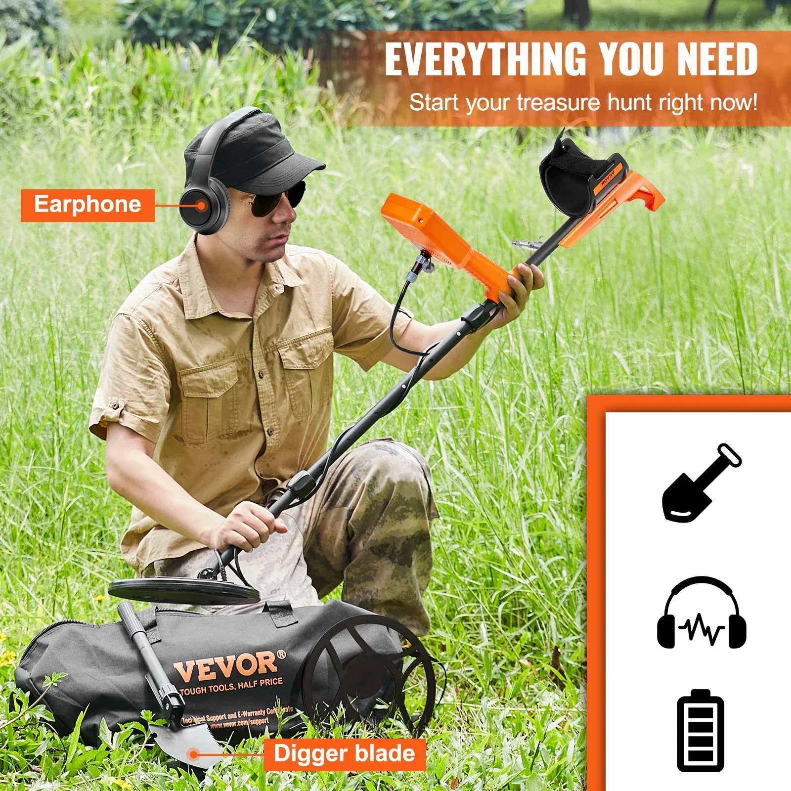 VEVOR Professional Rechargeable Metal Detector 12" IP68 Waterproof Coil 39-50 in Adjustable with LCD 7Modes for Treasure Hunting 6
