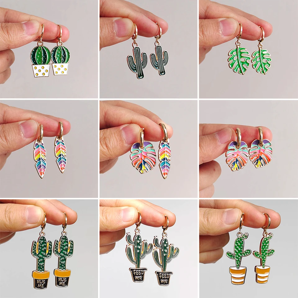 Orecchini pendenti a forma di cactus, orecchini pendenti in oro, orecchini a cerchio pendenti in argento, orecchini pendenti in oro rosa, piccoli orecchini pendenti, orecchini estivi - Italia