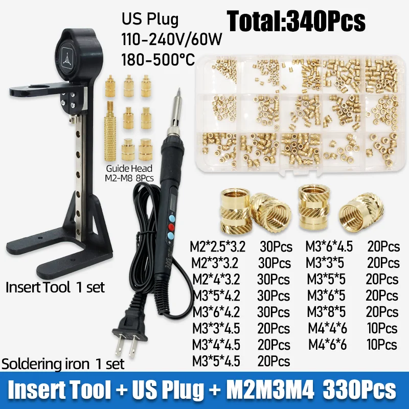 Heat Set Insert Tool Kit with Soldering Iron Tips and Brass Threaded Nuts