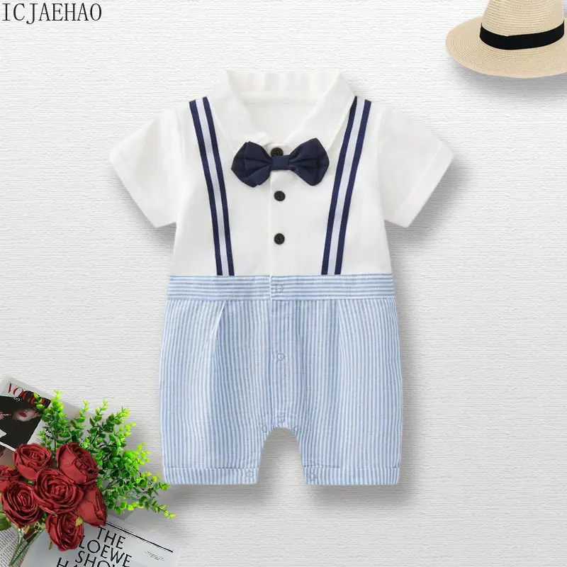 

2023 Baby Clothes New Born Summer Spanish Bodysuits Boy One-Piece Newborn Baby Boys Bowknot Striped Rompers Children Jumpsuits