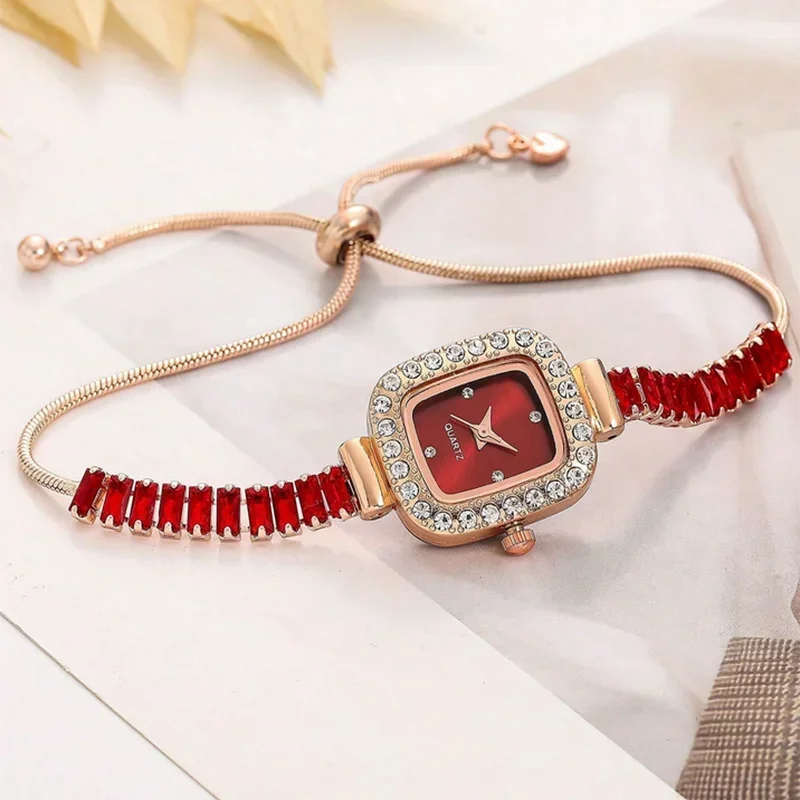 women's inlaid zircon flexible pull out bracelet with diamond square alloy case rhinestone scale simple dial quartz watch