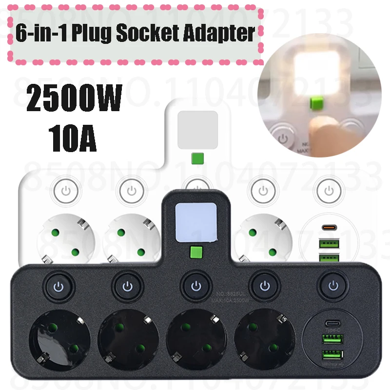 Wireless Wall Charger Socket with 3 AC Outlets +2 USB Ports+ 1 Type C 6-in-1 Plug Socket EU Plug Fast Charging power board 1