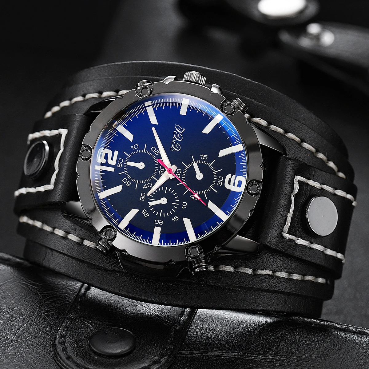 Fashion Men's Watch Three Eyes Blue Dial Leather Strap Casual Sports Style Quartz Watch