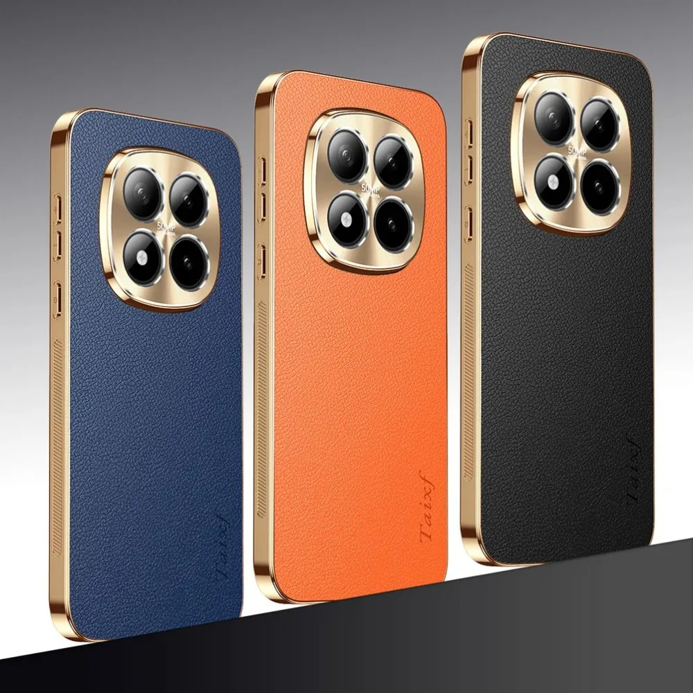Premium Electroplated Frame Cowhide Leather Phone Case with 4-Lens Protector and Anti-Drop Cover