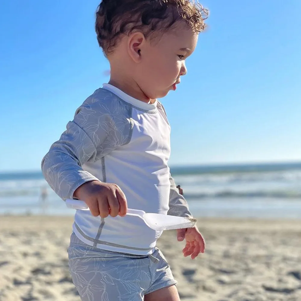 Boys kids swimsuits 2pcs Summer Baby Boys Swimwear Sets Long Sleeve Tops Shorts Sun-proof Elastic Beach Vacation