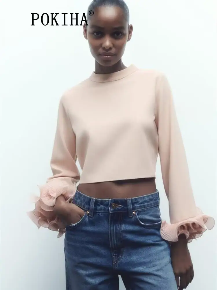 

Pokiha Fashion Women New Elegant Pleated Cropped Blouses Vintage Casual Long Sleeve With Ruffle Female Pullover Blusas Chic Tops
