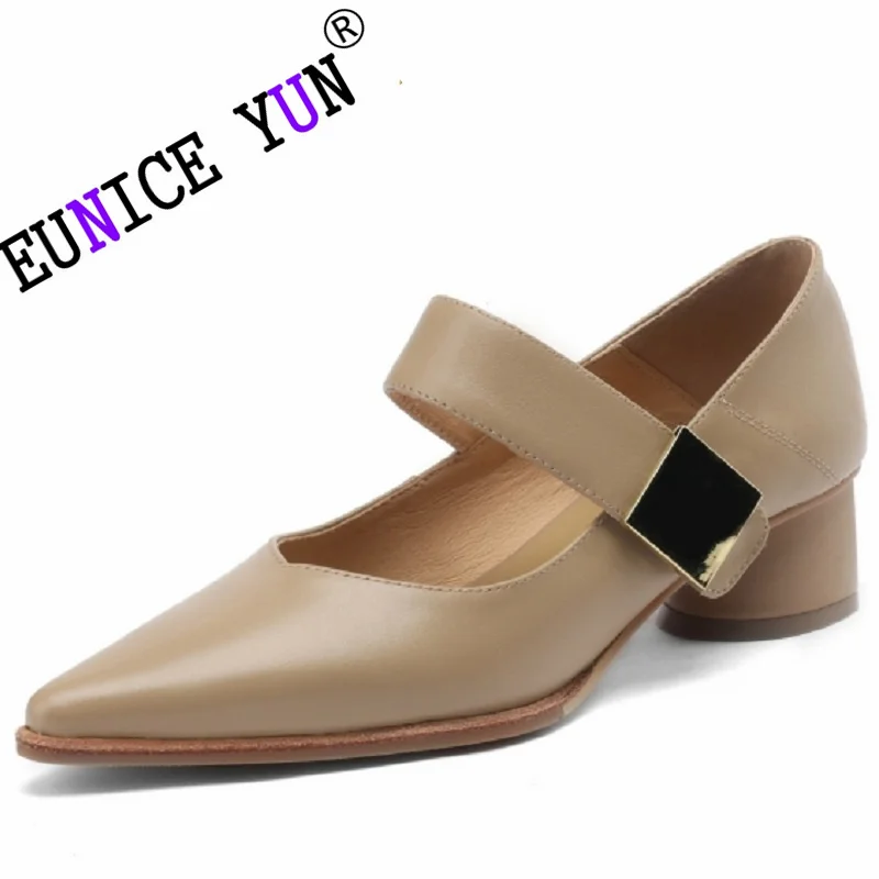 

【EUNICE YUN】Brand Genuine Leather Pumps Woman Pointed Toe Heel Autumn New Come Good Quality Office Ladies Elastic Band Footwear