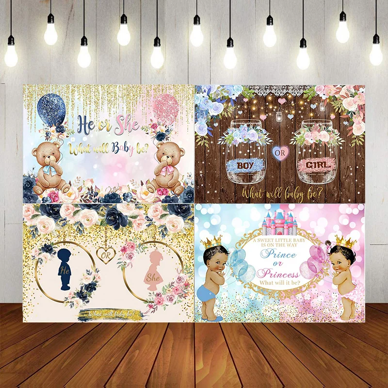 Orso Gender Reveal Photography Sfondo He Or She Navy Blush Floral Party Background Boy O Girl Bearly Decoration Banner Poster