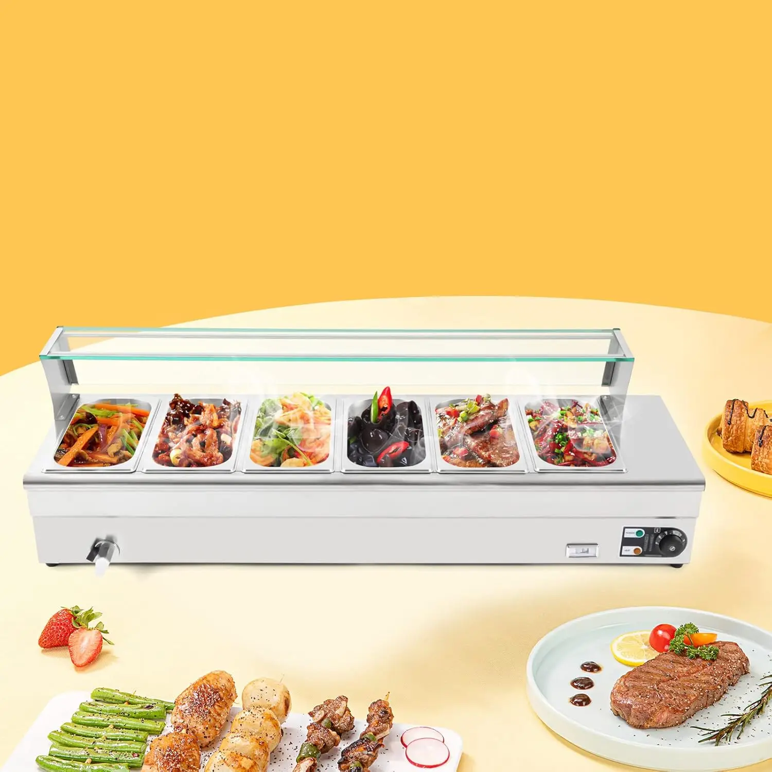 6 Pan x 1/3 GN Food Grade Stainelss Steel Commercial Food Steam Table 6-Inch Deep 1200W Electric Countertop Food Warmer 19 Quart 4