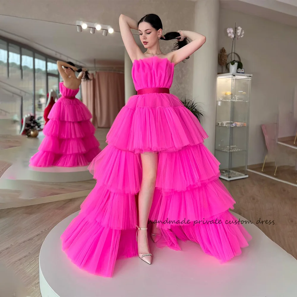 

Pink High Low Prom Party Dresses Strapless Tiered Tulle Detachable Skirt Pageant Event Dress 2023 Graduation Homecoming Gowns