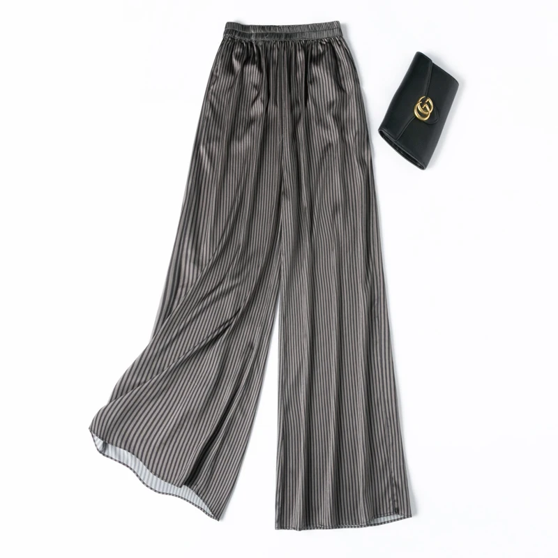 2024 Women's Summer New 92% Natural Mulberry Silk Elastic Satin Vertical Stripe Naked Simple Elastic Waist Casual Wide Leg Pants