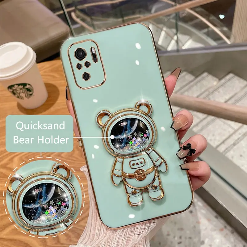 

Phone Case For Xiaomi Redmi Note 10S Redmi Note 10 4G Soft Silicone Luxury Plating Cartoon Bear Fold Stand Phone Case Cover