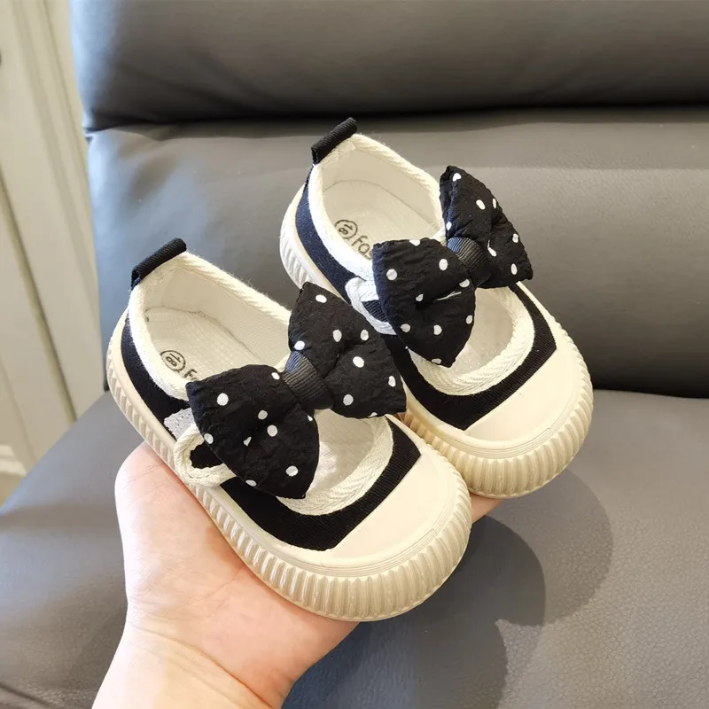 Girls Fashion Shoes Canvas Sneaker Kids Polka Dot Bow Princess Flats Breathable Baby Shoes Student Soft Sole Casual Spring Shoes 2