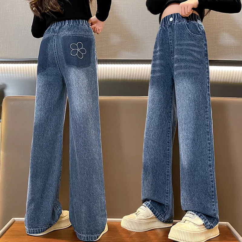 

Girls Pants Loose Flower Kids Jeans 13 14 Years School Teens Straight Leg Trousers Black Casual Children's Clothing Spring 2023