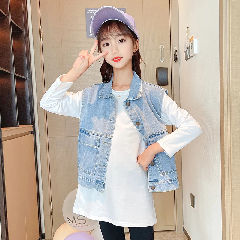 간단한 세련된 어린이 클래식 데님 조끼 소년 소녀를위한 주머니가있는 캐주얼 봄 민소매 자켓 어린이 학교 양복 조끼
