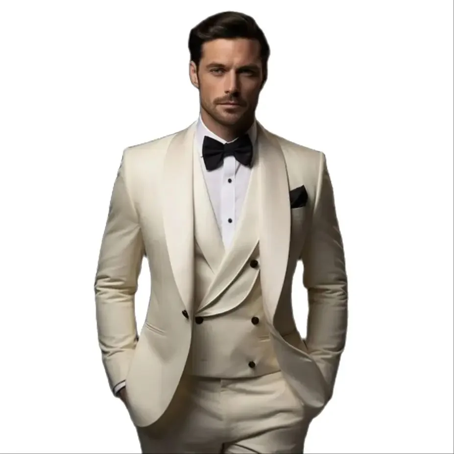 Men Luxury Wedding Suits Solid Color Light Champagne Shawl Lapel Single Breasted One Button 3 Piece Jacket Pants Vest