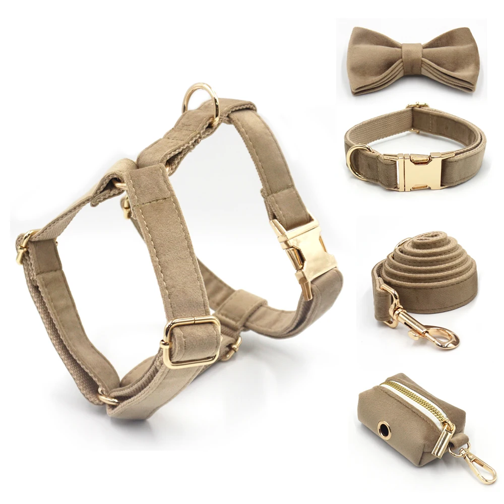 Light Coffee Velvet Harness for Dogs Personalized Mini Size Collar for Cat Tiny Dogs Soft Adjustable Bowtie Collar and Leash Set