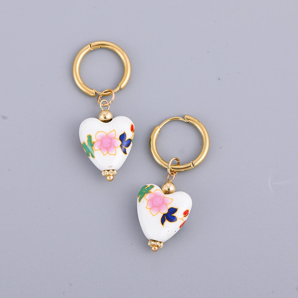 Handmade Geometric Heart Porcelain Earring Lady's Vintage Stainless Steel Hoops Ceramic Dangle Earrings Brincos for Women