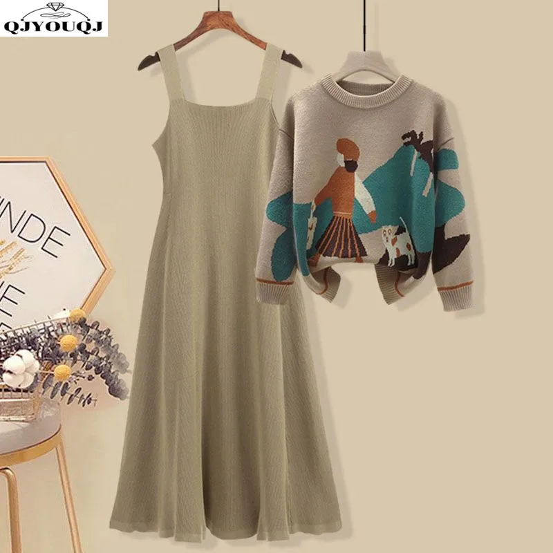 Large Women's Autumn and Winter Set 2024 New Fashion Knitted Sweater Women's Loose and Slimming Dress Two Piece Set