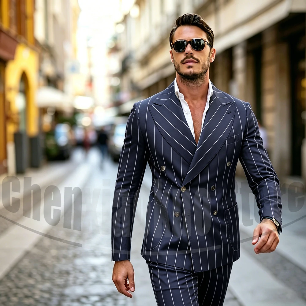 Costumes rayés pour hommes élégant revers à pointe Double boutonnage tenues 2 pièces veste avec pantalon mince affaires décontracté costume masculin