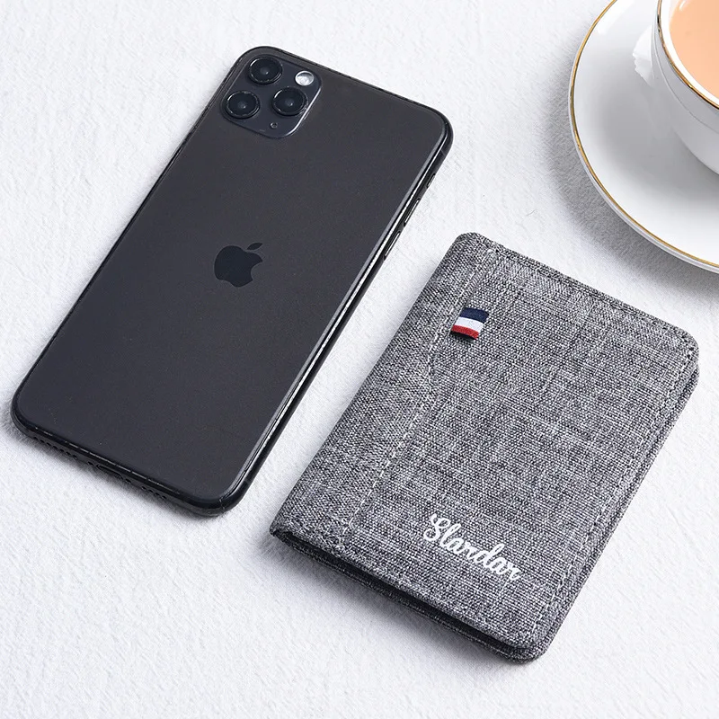 Men's ultra-thin canvas card clip casual large card bag short youth multi card slot casual leather wallet