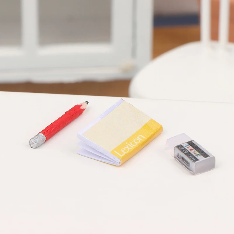 1 Set 1:12 Dollhouse Miniature Notebook Pencil Eraser Student Stationeries Model Kid Pretend Play Toys Doll House Accessories 3