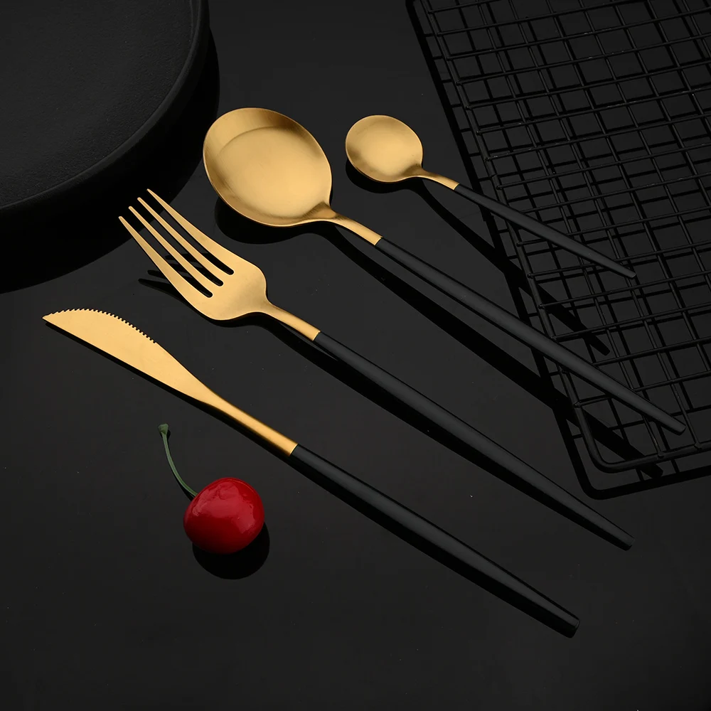 4Pcs black Gold Matte Cutlery Set Stainless Steel Dinnerware Silverware ...