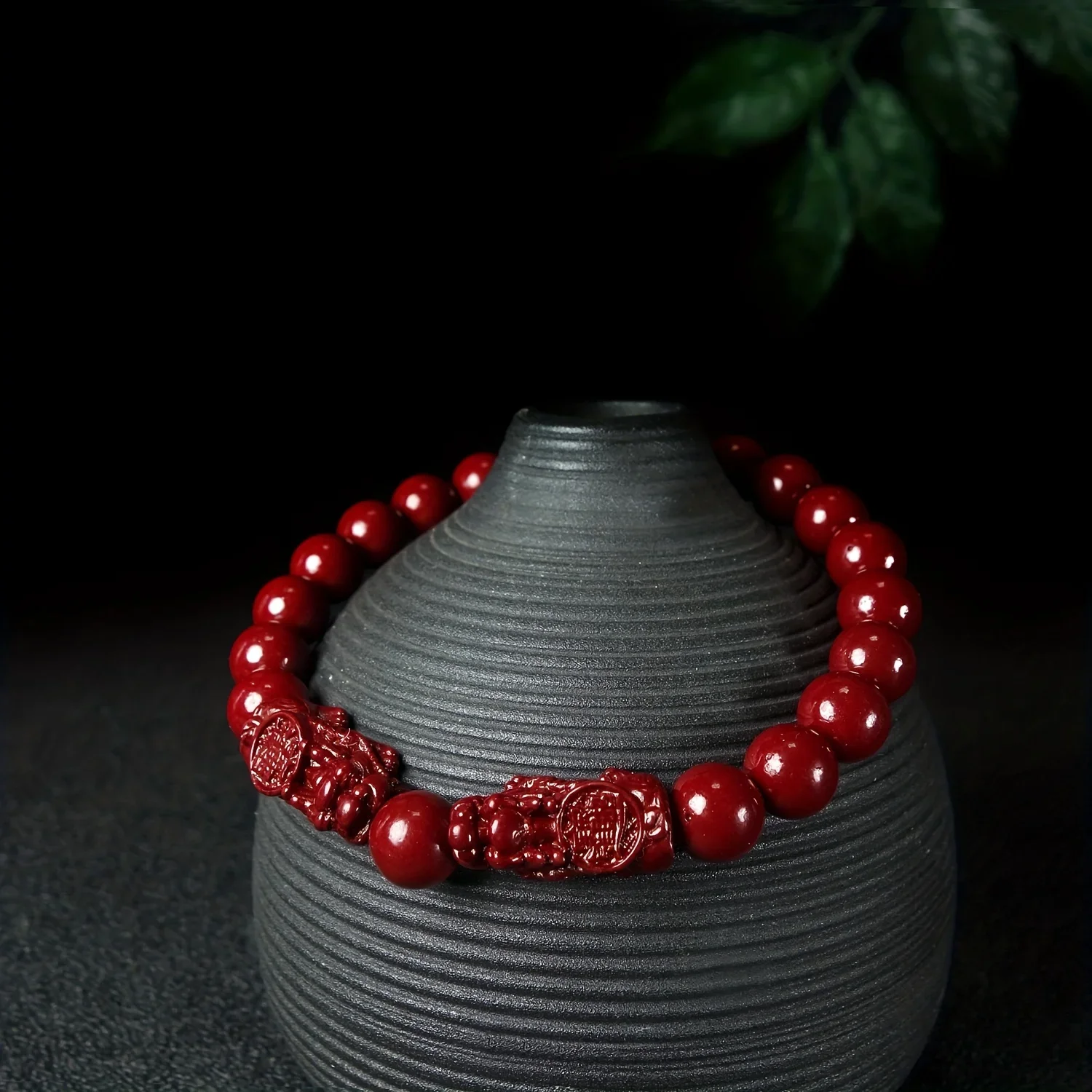 Men's Women Classic Natural Cinnabar Stretch Beaded Bracelet with Lucky Beast Pixiu for Wealth and Warding Off Evil Holiday Gift