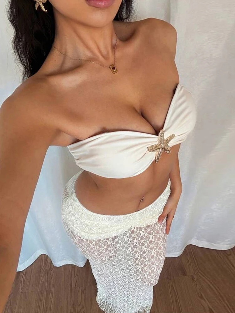 Nibber Sexy Starfish Metal Women 2 Piece Set Summer Vacation Beach Jacquard Strapless Tops+Skirt Fashion Matching Clubwear Suit