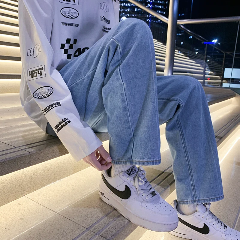 2022 Spring New Men's Light Blue Wide Leg Jeans Korean Style Streetwear Baggy Denim Pants Loose Straight-leg Trousers Male