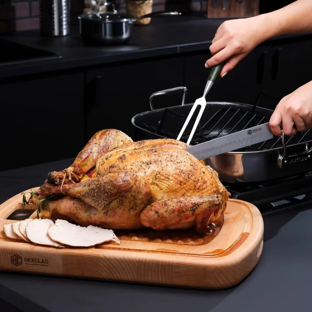 and Juice Trenches Wooden Cutting Board Set Hybrid Beechwood Carving and Cutting Board With Stainless Steel Drip Tray Chopping
