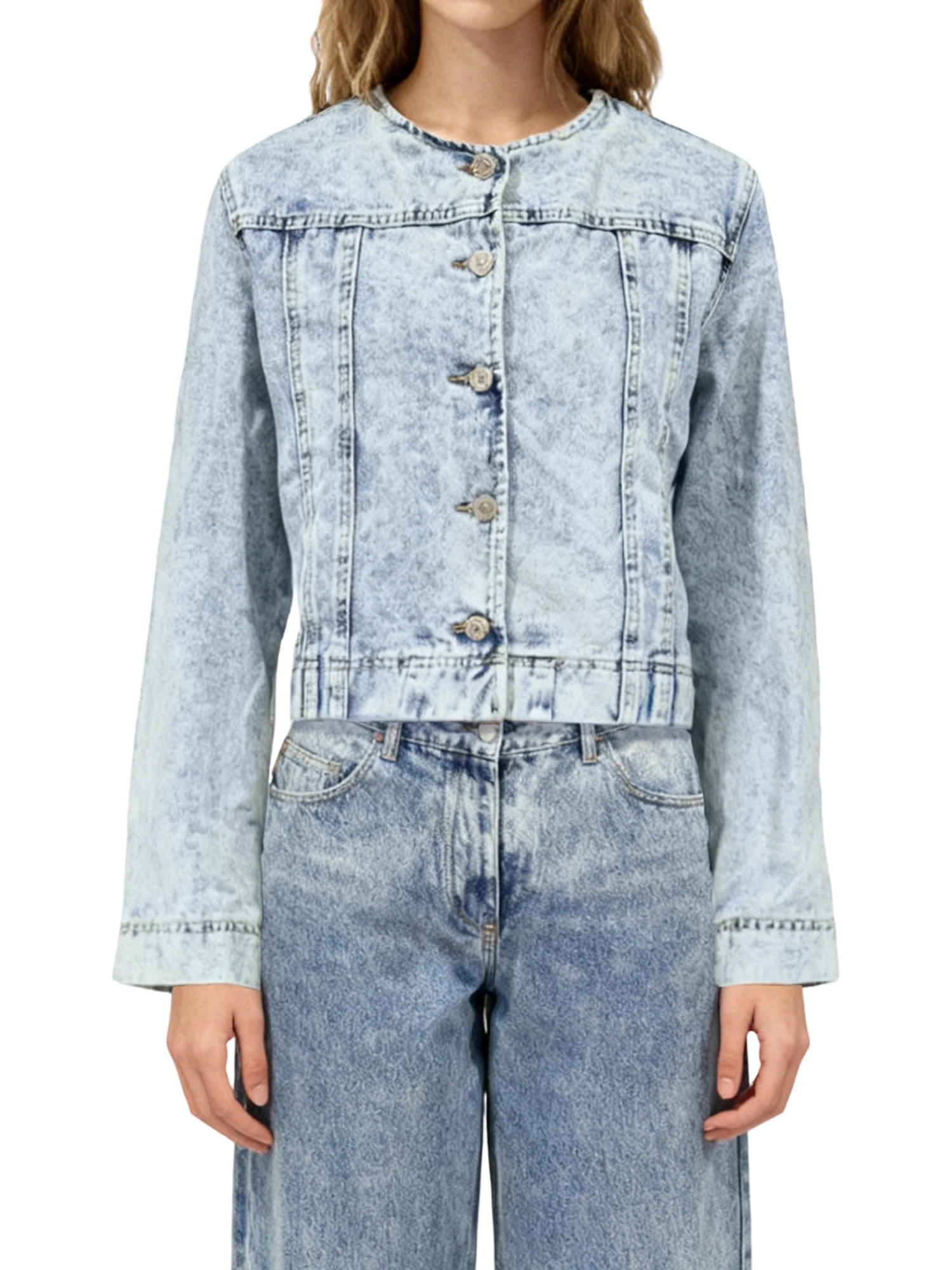 Women s Denim Jacket with Long Sleeves and Round Neckline in Solid Color Featuring Button Down Closure and  Fit Design for