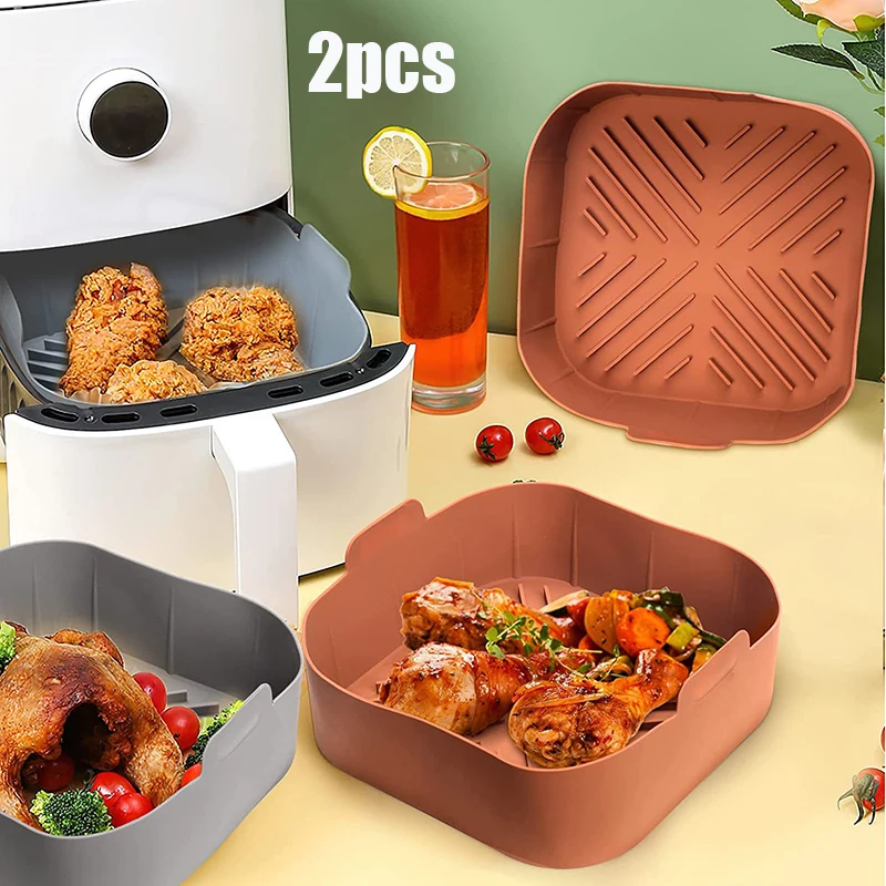 

Airfryer Silicone Basket Square Silicone Tray for Airfryer Easy Clean Dish Liner Pizza Plate Grill Pan Mat Air Fryer Accessories