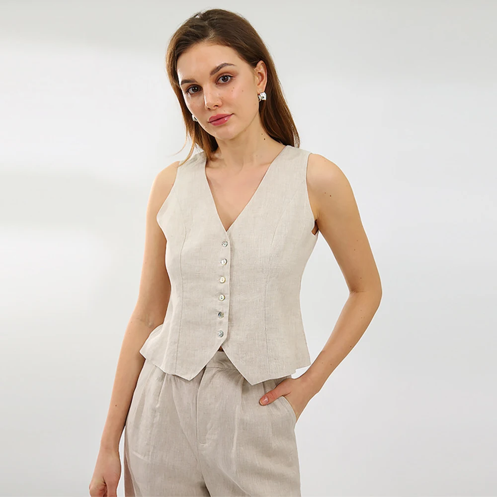 Ladies Linen Single Breasted Vest Fashion Slim Clothing Business Office Casual Solid Color Vest