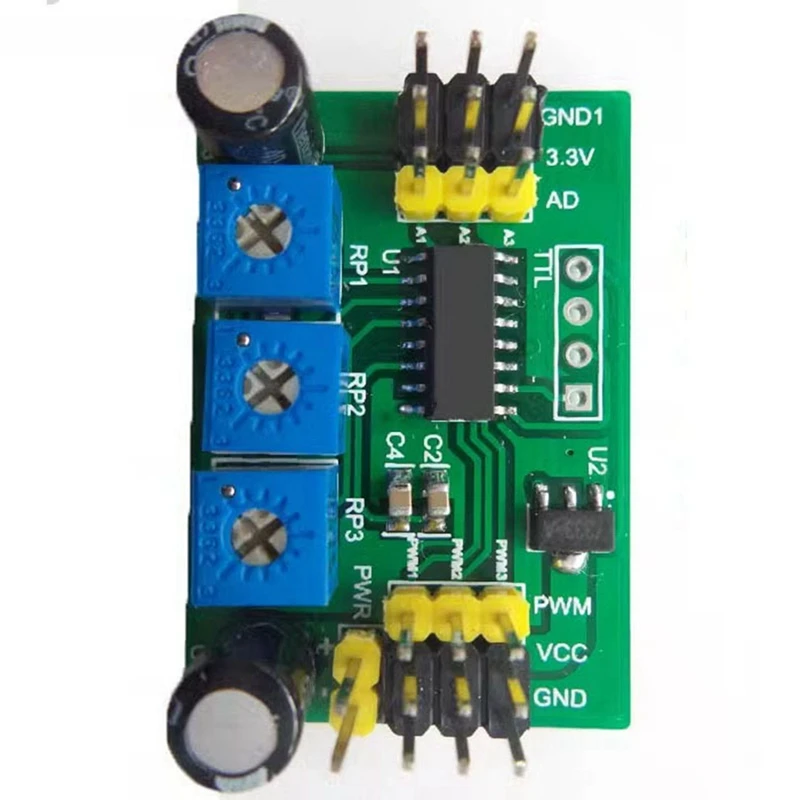Contrôleur servo 3 voies vert, précision 10 bits, pour modélisme RC, montrant les connecteurs de servo et d'alimentation.