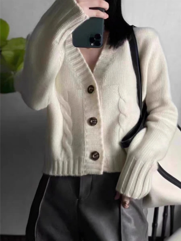 Fashion New Autumn and Winter V-neck Women's Sweater Single-breasted Women's Casual Long-sleeved Office Knitted Short Jacket