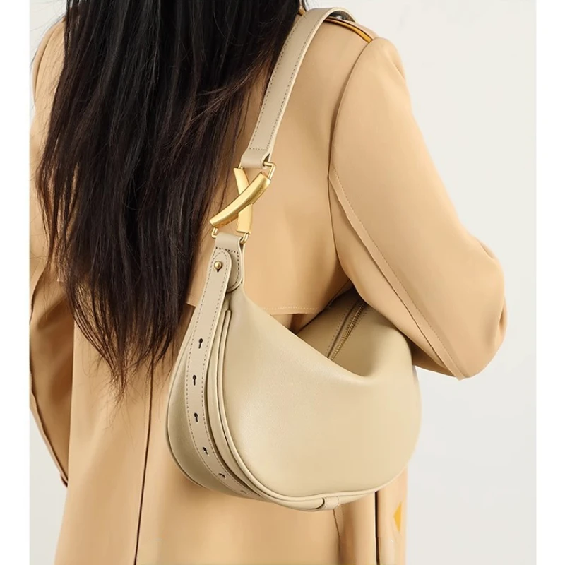 2024 Fashion Ladies Hobo Shoulder Bag Genuine Cowhide Leather Leisure Soft Women's Handbag Niche Design Underarm Bag Purse