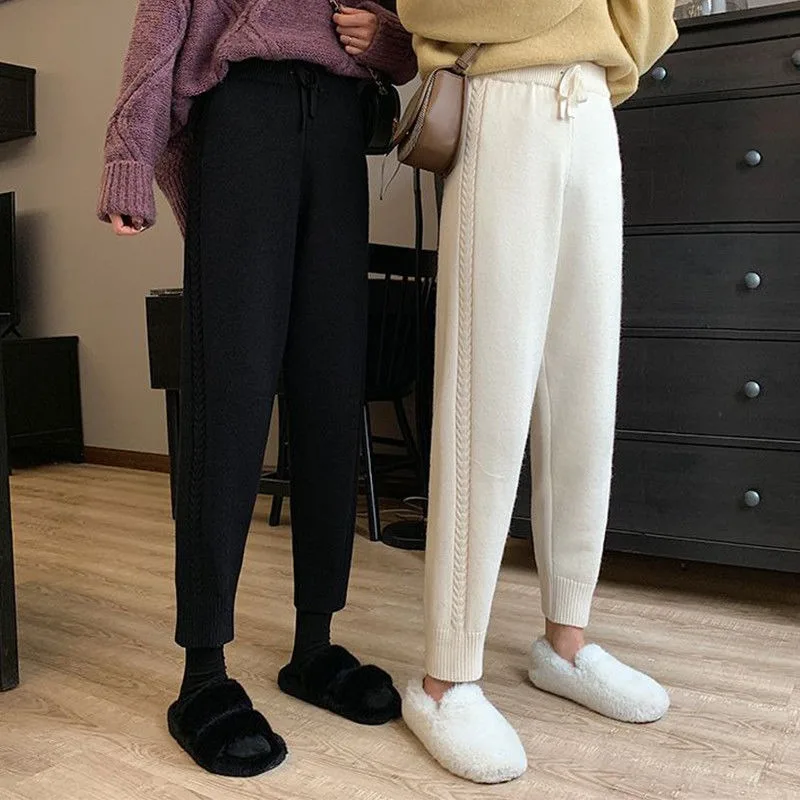 High Waisted Knitted Women's Autumn and Winter New Internet Celebrity Casual Hooded Harlan Pants Carrot Pants ladies plus velvet jeans overalls jeans harlan pants fall winter wear daddy carrot pants mom jeans wide leg jeans