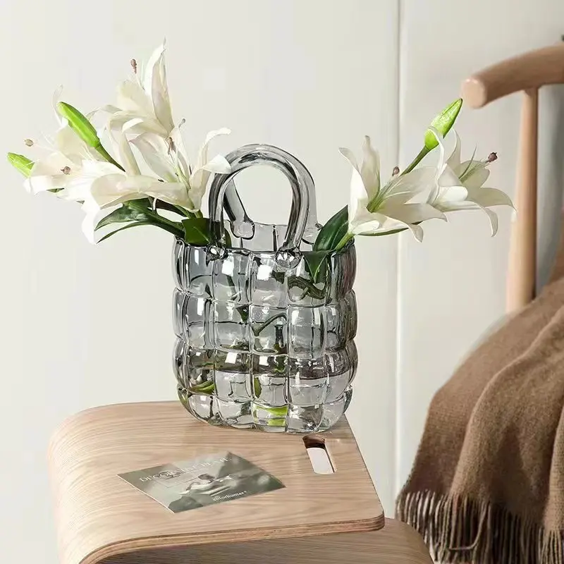 Purse Vase Handbag Vase Clear Wide Mouth Glass Bag Flower Pot Aquatic Plant Fish Tank Garden Office Wedding Home Table Decor