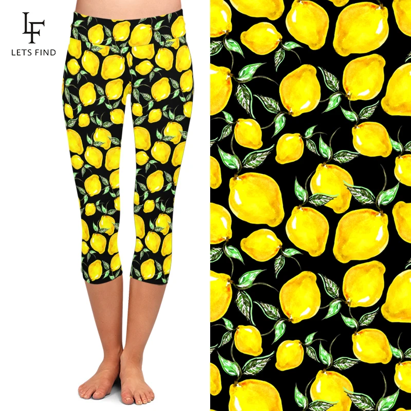 Summer New 3d Lemon Digital Printed Capri Leggings High Waist High Elastic Mid-Calf  Women Black Leggings Hot Sale