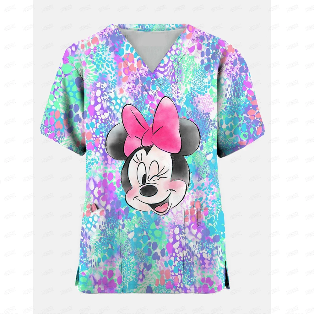 

Women Disney Minnie Print Nurse Uniform Summer Short Sleeve V-neck Tops Nursing Working Uniform T-shirts Veterinary Top Y2K