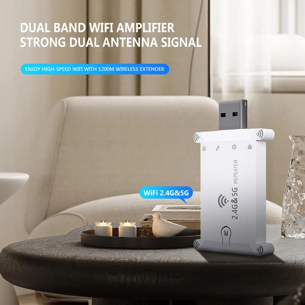 Dual Band USB WiFi Signal Amplifier Extender with 1200M Boost Capacity