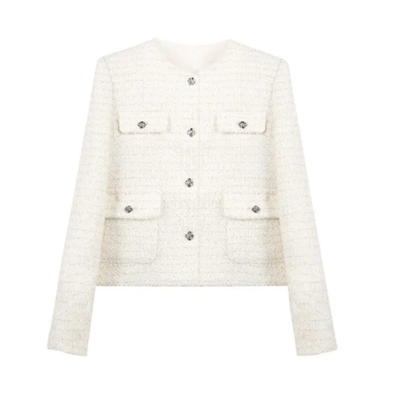 

Women's coarse woolen jacket classic one piece autumn/winter women's new versatile commuting jacket white woven solid color top