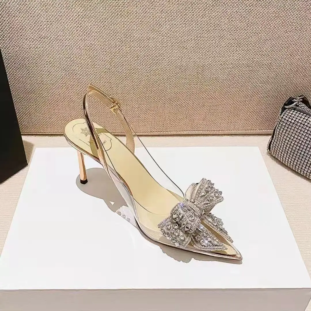

Women Pumps Sexy Pointed Toe High Heels Ladies PVC Transparent Sandals Fashion Crystal Sequined Bowknot Wedding Prom Shoes