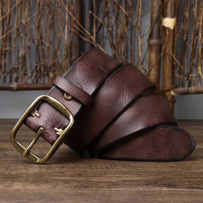 3.8CM Thick Cowhide Copper Buckle Top Grain Genuine Leather Casual Jeans Belt Men High Quality Retro Luxury Male Strap Cintos